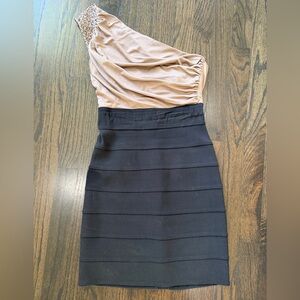 Maria Bianca Nero Chic Tan and Black One-Shoulder Mini Dress
